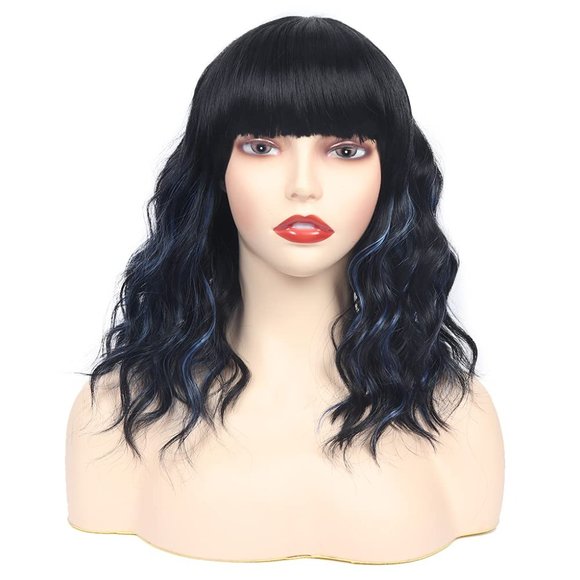 Women 14 Inches Black Mixed Blue Synthetic Short Curly Wigs with Bangs - Picture 4 of 15